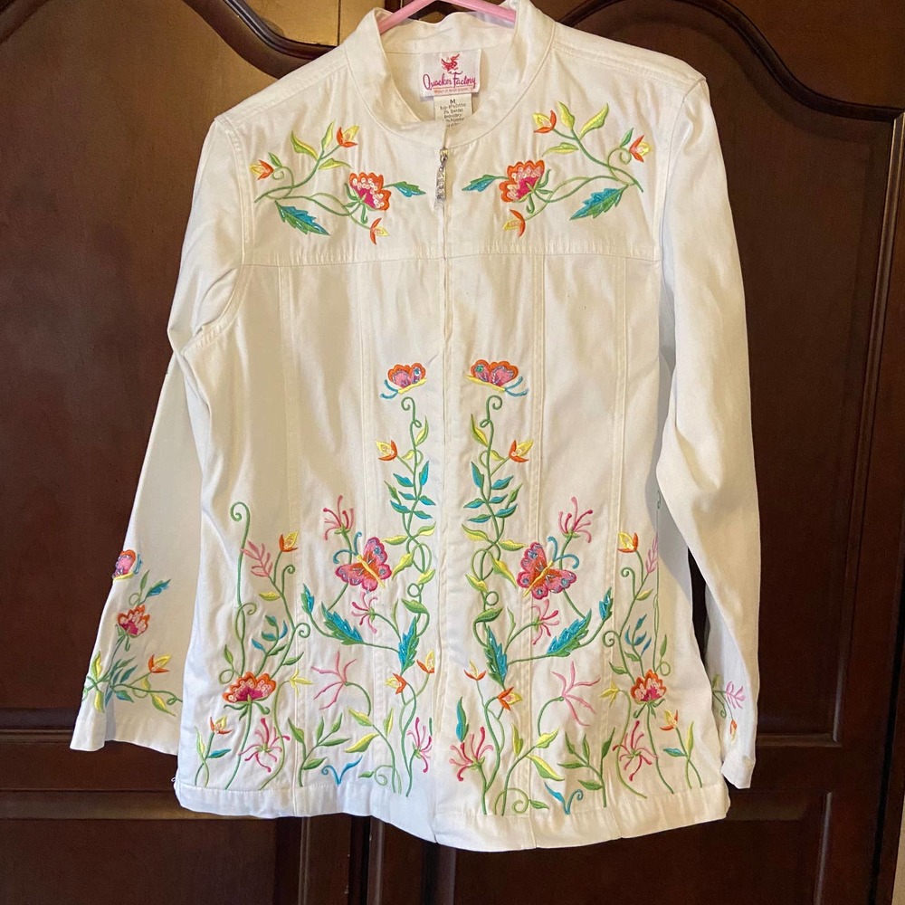 QUACKER FACTORY Jacket Coat Embroidered Floral Butterflies  Ivory Women's Size M